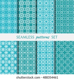 Set of eight Seamless geometric line patterns. Contemporary graphic design. Endless linear backgrounds collection, seamless lace texture for banners, flyers, invitation cards Monochrome color ornament