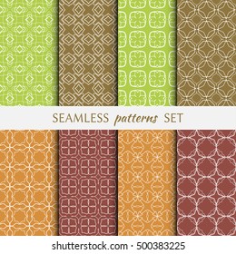 Set of eight Seamless geometric line patterns. Contemporary graphic design. Endless linear backgrounds collection, seamless lace texture for banners, flyers, invitation cards. Colorful ornament