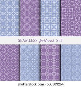 Set of eight Seamless geometric line patterns. Contemporary graphic design. Endless linear backgrounds collection, seamless lace texture for banners, flyers, invitation cards. Blue and purple ornament