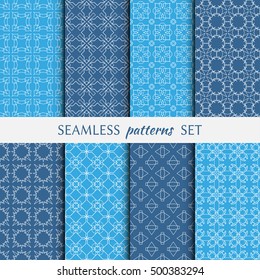Set of eight Seamless geometric line patterns. Contemporary graphic design. Endless linear backgrounds collection, seamless lace texture for banners, flyers, invitation cards. Blue and white ornament