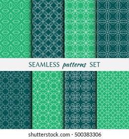 Set of eight Seamless geometric line patterns. Contemporary graphic design. Endless linear backgrounds collection, seamless lace texture for banners, flyers, invitation cards. Green and white ornament
