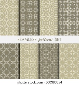 Set of eight Seamless geometric line patterns. Contemporary graphic design. Endless linear backgrounds collection, seamless lace texture for banners, flyers, invitation cards. Monochrome ornament