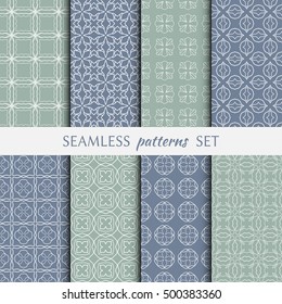 Set of eight Seamless geometric line patterns. Contemporary graphic design. Endless linear backgrounds collection, seamless lace texture for banners, flyers, invitation cards. Blue and green ornament