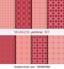 Set of eight Seamless geometric line patterns. Contemporary graphic design. Endless linear backgrounds collection, seamless lace texture for banners, flyers, invitation cards. Red and pink ornament