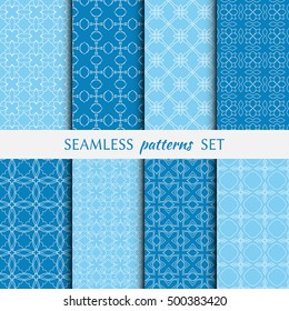 Set of eight Seamless geometric line patterns. Contemporary graphic design. Endless linear backgrounds collection, seamless lace texture for banners, flyers, invitation cards. Blue and white ornament