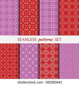 Set of eight Seamless geometric line patterns. Contemporary graphic design. Endless linear backgrounds collection, seamless lace texture for banners, flyers, invitation cards. Red and purple ornament