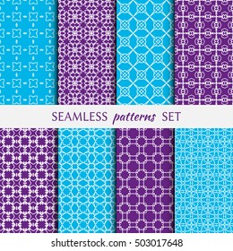 Set of eight Seamless geometric line patterns. Contemporary graphic design. Endless linear backgrounds collection, seamless lace texture for banners, flyers, invitation cards. Monochrome ornament