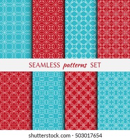 Set of eight Seamless geometric line patterns. Contemporary graphic design. Endless linear backgrounds collection, seamless lace texture for banners, flyers, invitation cards. Monochrome ornament