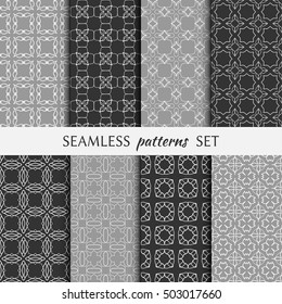 Set of eight Seamless geometric line patterns. Contemporary graphic design. Endless linear backgrounds collection, seamless lace texture for banners, flyers, invitation cards. Monochrome ornament
