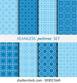 Set of eight Seamless geometric line patterns. Contemporary graphic design. Endless linear backgrounds collection, seamless lace texture for banners, flyers, invitation cards. Monochrome ornament