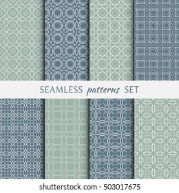 Set of eight Seamless geometric line patterns. Contemporary graphic design. Endless linear backgrounds collection, seamless lace texture for banners, flyers, invitation cards. Monochrome ornament