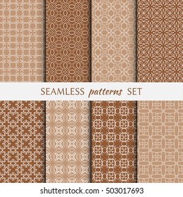 Set of eight Seamless geometric line patterns. Contemporary graphic design. Endless linear backgrounds collection, seamless lace texture for banners, flyers, invitation cards. Monochrome ornament