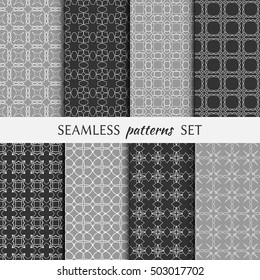 Set of eight Seamless geometric line patterns. Contemporary graphic design. Endless linear backgrounds collection, seamless lace texture for banners, flyers, invitation cards. Monochrome ornament
