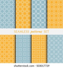 Set of eight Seamless geometric line patterns. Contemporary graphic design. Endless linear backgrounds collection, seamless lace texture for banners, flyers, invitation cards. Monochrome ornament