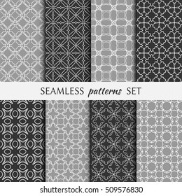 Set of eight Seamless geometric line patterns. Contemporary graphic design. Endless linear backgrounds collection, seamless lace texture for banners, flyers, invitation cards. Black and white ornament