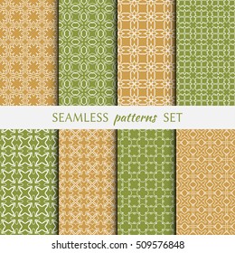 Set of eight Seamless geometric line patterns. Contemporary graphic design. Endless linear backgrounds collection, seamless lace texture for banners, flyers, invitation cards. Monochrome ornament