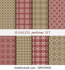 Set of eight Seamless geometric line patterns. Contemporary graphic design. Endless linear backgrounds collection, seamless lace texture for banners, flyers, invitation cards. Monochrome ornament