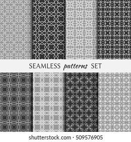 Set of eight Seamless geometric line patterns. Contemporary graphic design. Endless linear backgrounds collection, seamless lace texture for banners, flyers, invitation cards. Black and white ornament