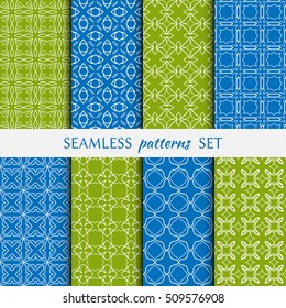 Set of eight Seamless geometric line patterns. Contemporary graphic design. Endless linear backgrounds collection, seamless lace texture for banners, flyers, invitation cards. Monochrome ornament