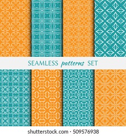 Set of eight Seamless geometric line patterns. Contemporary graphic design. Endless linear backgrounds collection, seamless lace texture for banners, flyers, invitation cards. Monochrome ornament
