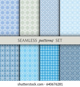 Set of eight Seamless geometric line patterns. Contemporary graphic design. Endless linear backgrounds collection, seamless lace texture for banners, flyers, invitation cards. Colorful ornament