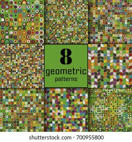 Set of eight seamless geometric pattern with colored elements, vector abstract background, colorful geometric background