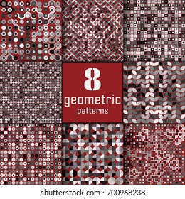 Set of eight seamless geometric pattern with colored elements, vector abstract background, colorful geometric background