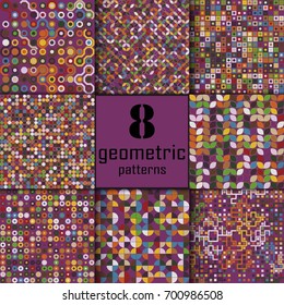 Set of eight seamless geometric pattern with colored elements, vector abstract background, colorful geometric background