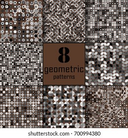 Set of eight seamless geometric pattern with colored elements, vector abstract background, colorful geometric background