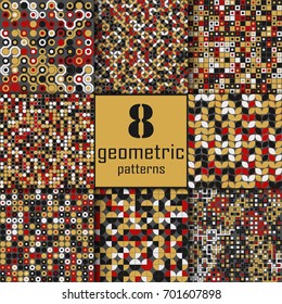 Set of eight seamless geometric pattern with colored elements, vector abstract background, colorful geometric background