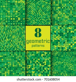 Set of eight seamless geometric pattern with colored elements, vector abstract background, colorful geometric background