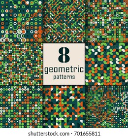 Set of eight seamless geometric pattern with colored elements, vector abstract background, colorful geometric background