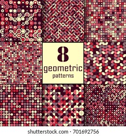 Set of eight seamless geometric pattern with colored elements, vector abstract background, colorful geometric background