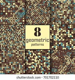 Set of eight seamless geometric pattern with colored elements, vector abstract background, colorful geometric background