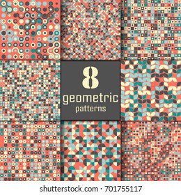 Set of eight seamless geometric pattern with colored elements, vector abstract background, colorful geometric background