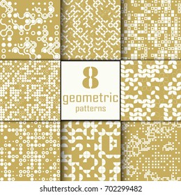 Set of eight seamless geometric pattern with colored elements, vector abstract background, colorful geometric background