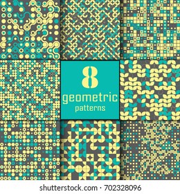 Set of eight seamless geometric pattern with colored elements, vector abstract background, colorful geometric background
