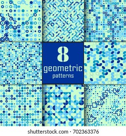 Set of eight seamless geometric pattern with colored elements, vector abstract background, colorful geometric background