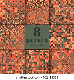 Set of eight seamless geometric pattern with colored elements, vector abstract background, colorful geometric background