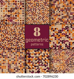 Set of eight seamless geometric pattern with colored elements, vector abstract background, colorful geometric background