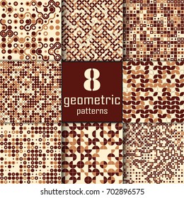 Set of eight seamless geometric pattern with colored elements, vector abstract background, colorful geometric background