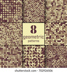 Set of eight seamless geometric pattern with colored elements, vector abstract background, colorful geometric background