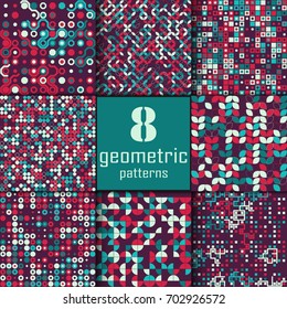 Set of eight seamless geometric pattern with colored elements, vector abstract background, colorful geometric background