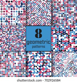 Set of eight seamless geometric pattern with colored elements, vector abstract background, colorful geometric background