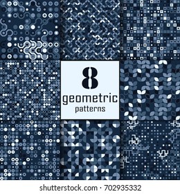 Set of eight seamless geometric pattern with colored elements, vector abstract background, colorful geometric background