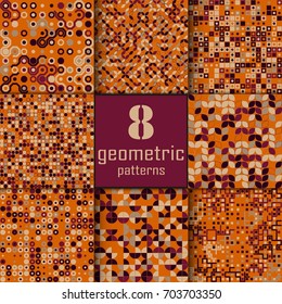 Set of eight seamless geometric pattern with colored elements, vector abstract background, colorful geometric background