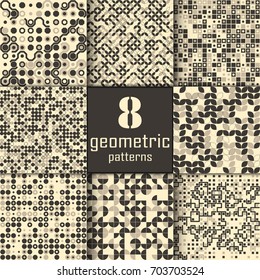 Set of eight seamless geometric pattern with colored elements, vector abstract background, colorful geometric background