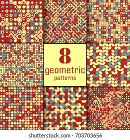 Set of eight seamless geometric pattern with colored elements, vector abstract background, colorful geometric background