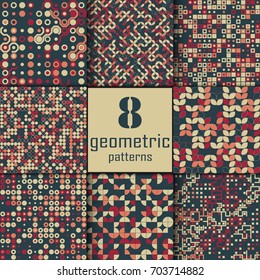 Set of eight seamless geometric pattern with colored elements, vector abstract background, colorful geometric background