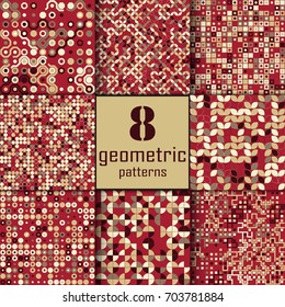 Set of eight seamless geometric pattern with colored elements, vector abstract background, colorful geometric background